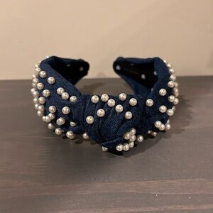 Lele Sadoughi Denim Pearl Knotted Headband